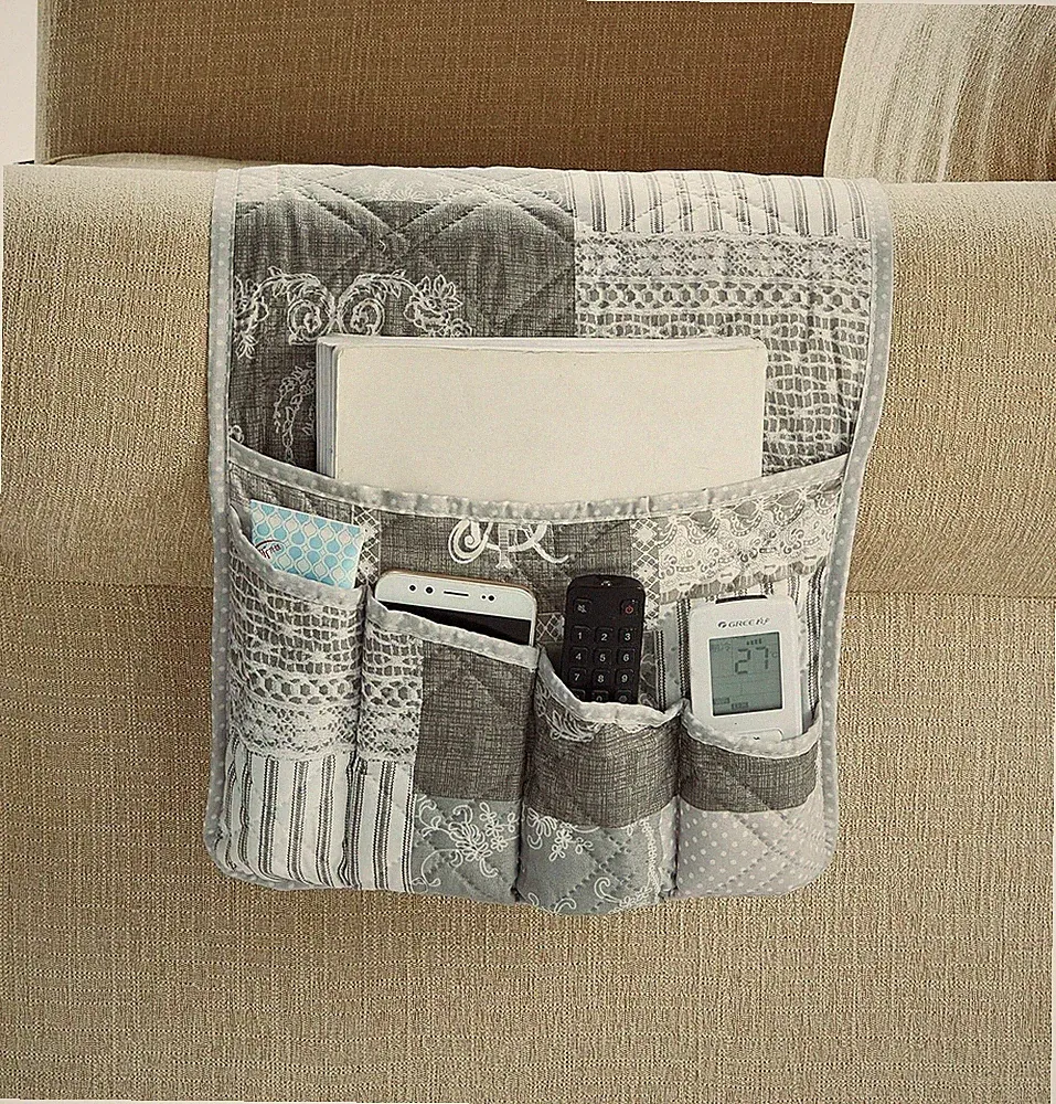 Grey Floral Patchwork Sofa Armrest 5 Pockets Organizer, Slip Resistant Recliner